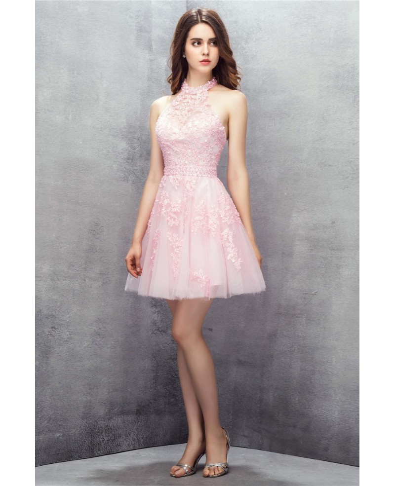 Pink Short Halter Lace Tulle Prom Dress - Click Image to Close