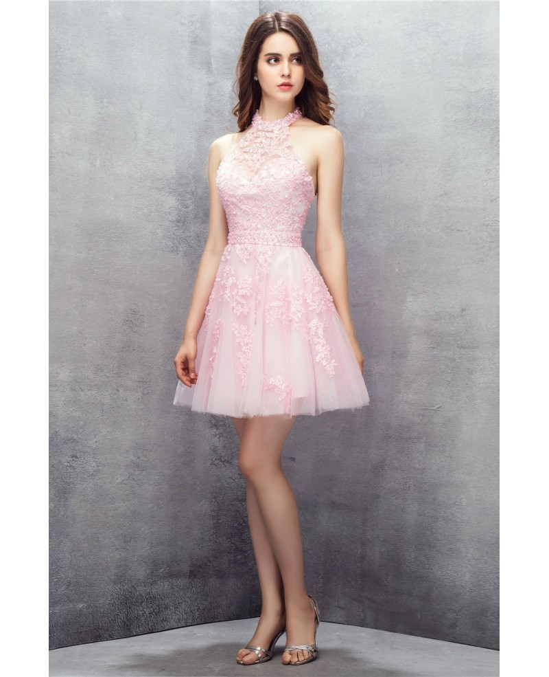 Pink Short Halter Lace Tulle Prom Dress