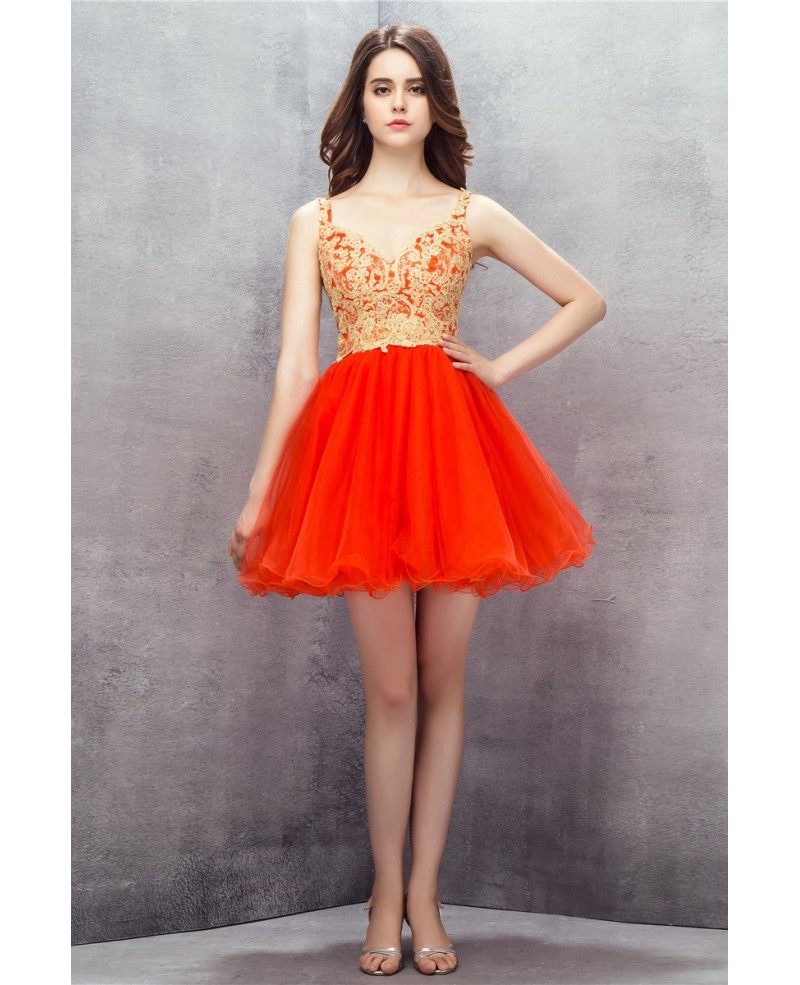 Orange Embroidered Spaghetti Straps Short Tulle Prom Dress