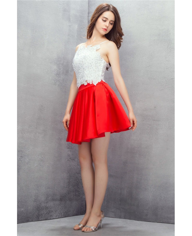 Red and White Spaghetti Straps Short Lace Prom Dress