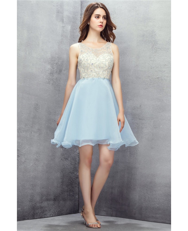 Sky Blue Beaded Organza Short Prom Dress - Click Image to Close