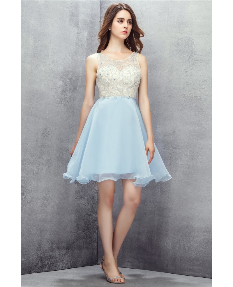 Sky Blue Beaded Organza Short Prom Dress