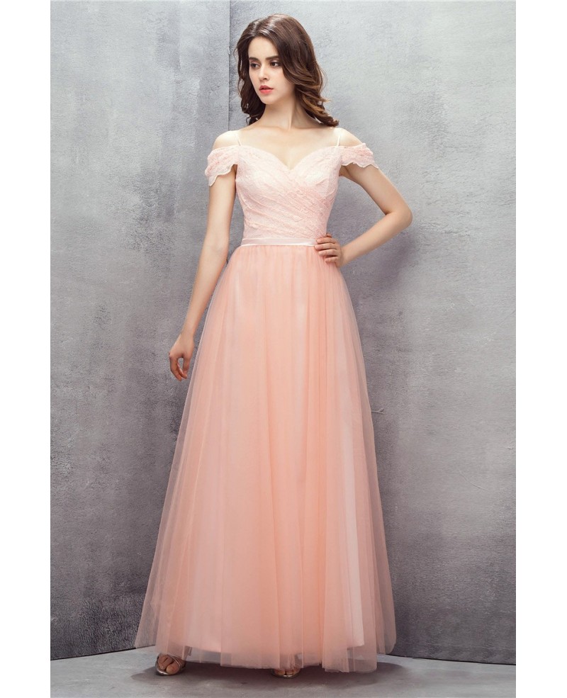 Off Shoulder Long Tulle Pink Party Dress