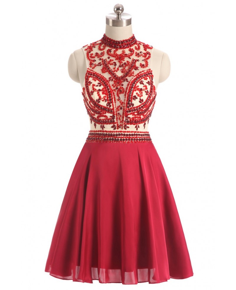 Burgundy Red Beaded Short Halter Chiffon Prom Dress
