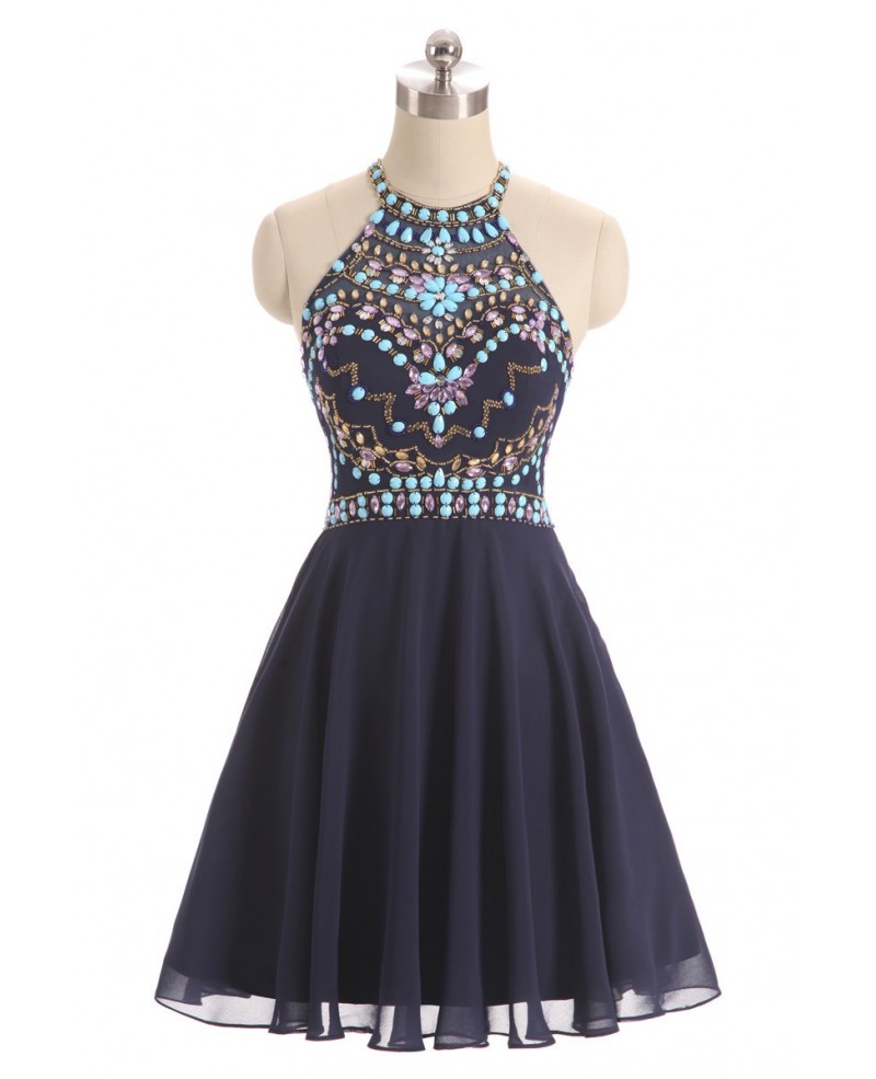 Colorful Beaded Short Halter Chiffon Prom Dress - Click Image to Close