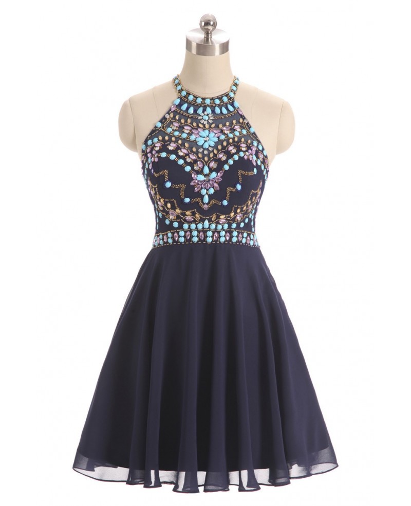 Colorful Beaded Short Halter Chiffon Prom Dress