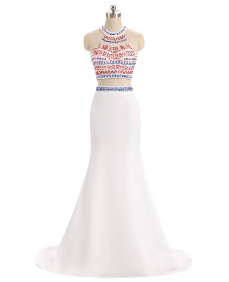 Colorful Beaded Long Halter Two-piece White Prom Dress