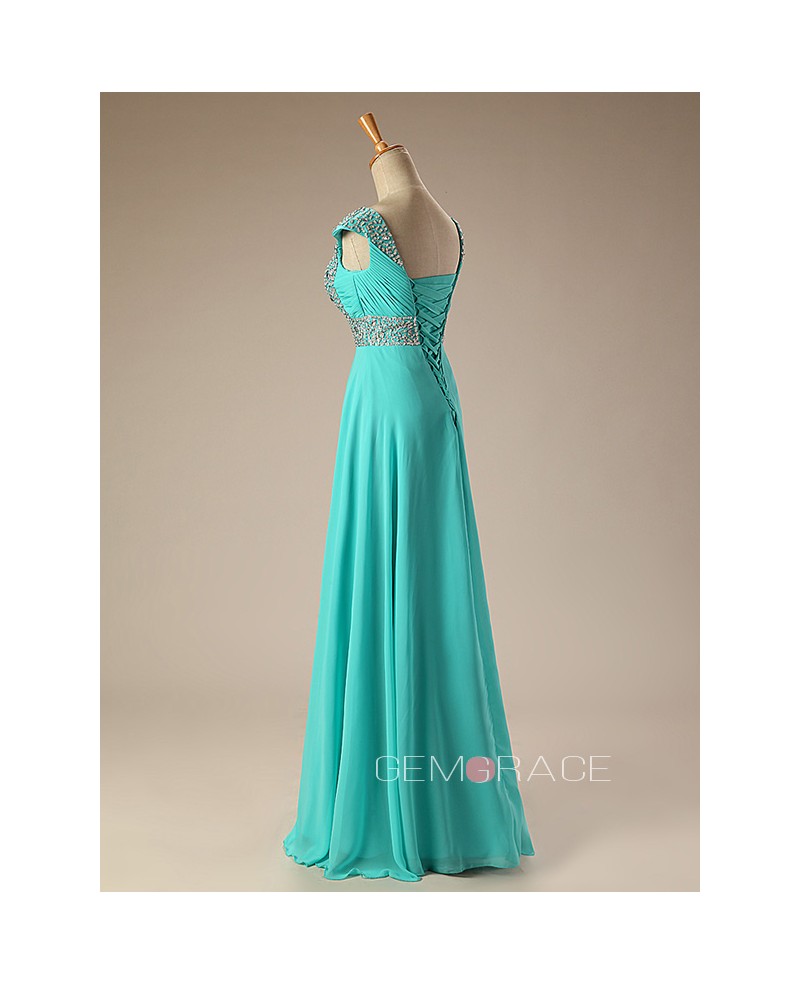 Sequined Cap Sleeves Long Chiffon Prom Dress