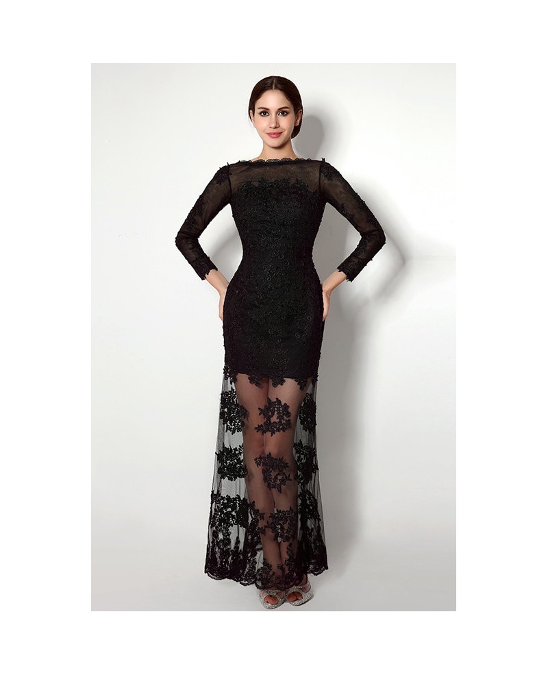 Sheath Scoop Long-sleeves Floor-length Prom Dress