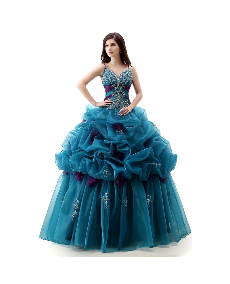 Ball-Gown V-neck Sweep Train Tulle Prom Dress With Cascading Ruffles Beading