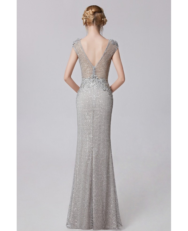 Cap Sleeved Silver Sequined Mermaid Floor Length Evening Dress