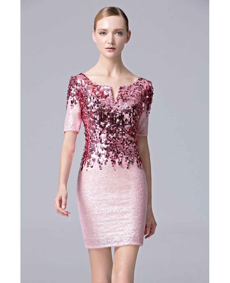 Sheath Sparkle Sequined Pink Party Short Dress with Sleeves