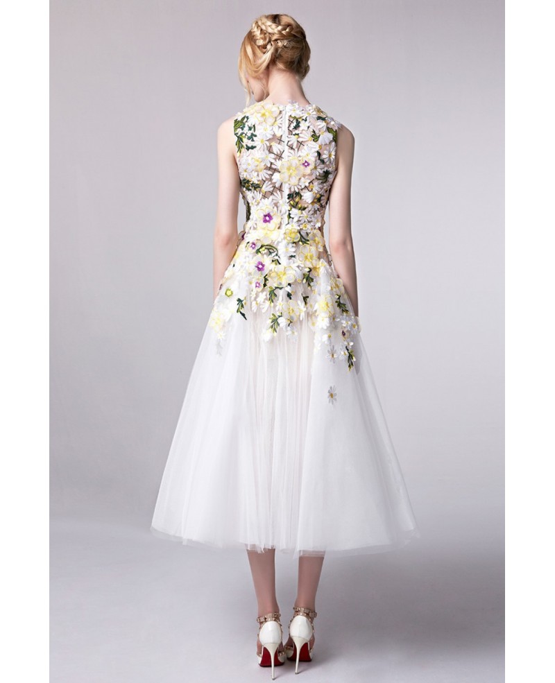 Gorgeous Floral Appliqued Tea Length Tulle Party Dress - Click Image to Close
