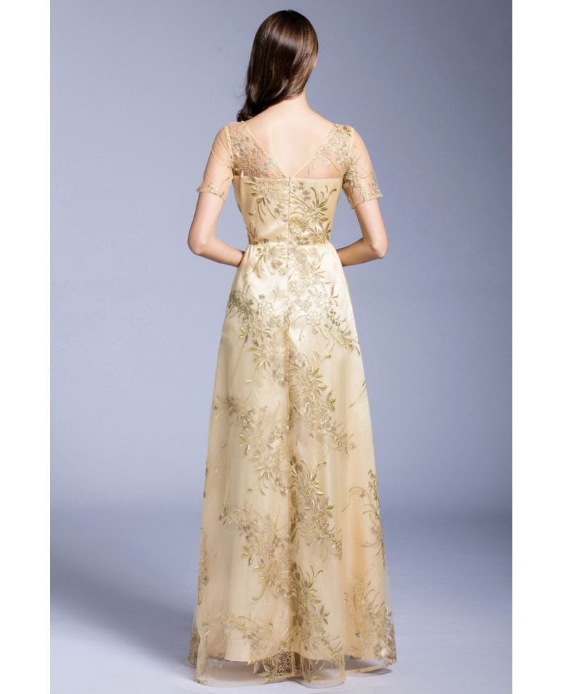 Gold A-line Scoop Neck Embroidery Floor-length Evening Dress