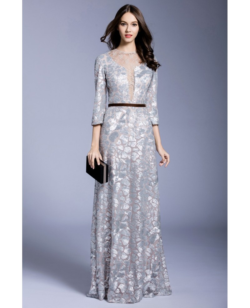 Silver A-line Scoop Neck Floor-length Evening Dress With Sequins