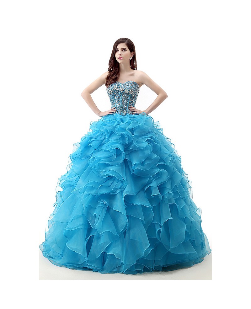 Ball-Gown Sweetheart Sweep Train Tulle Prom Dress With Cascading Ruffles Beading