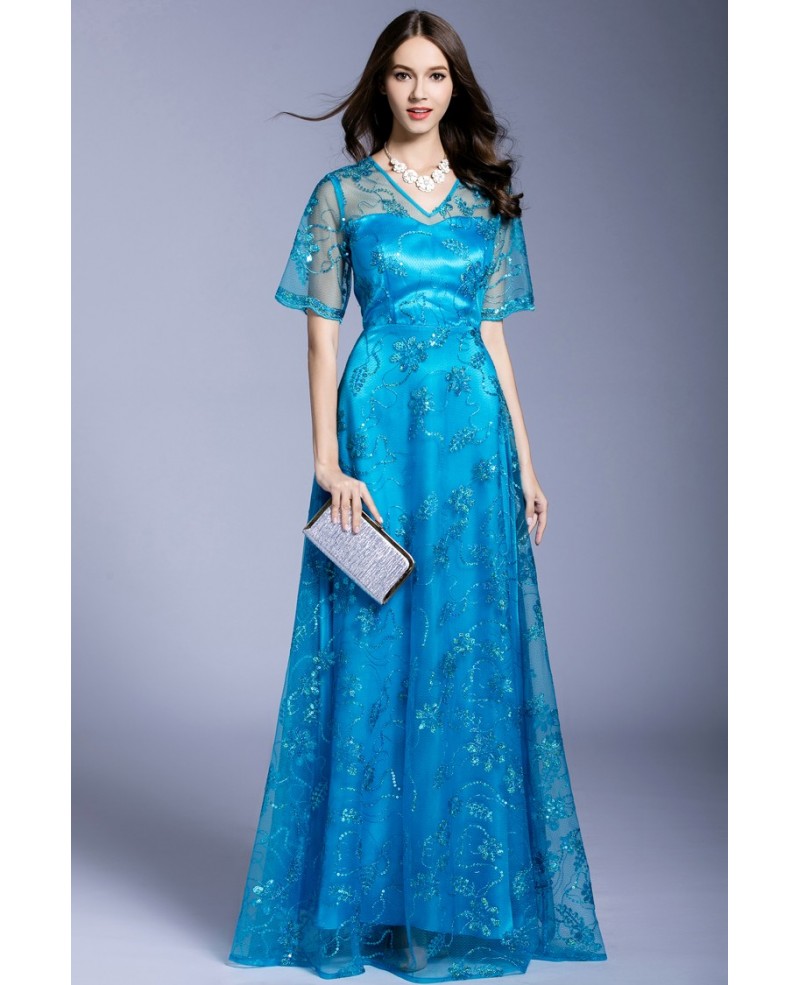 Blue A-line V-neck Floor-length Evening Dress With Beading