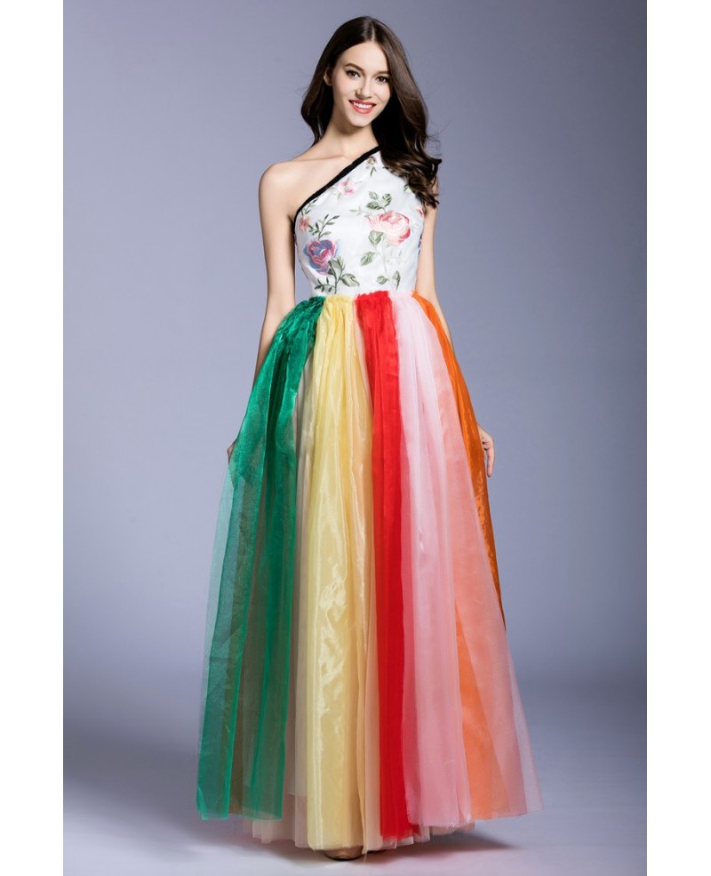 Colorful A-line One-shoulder Embroidery Floor-length Prom Dress