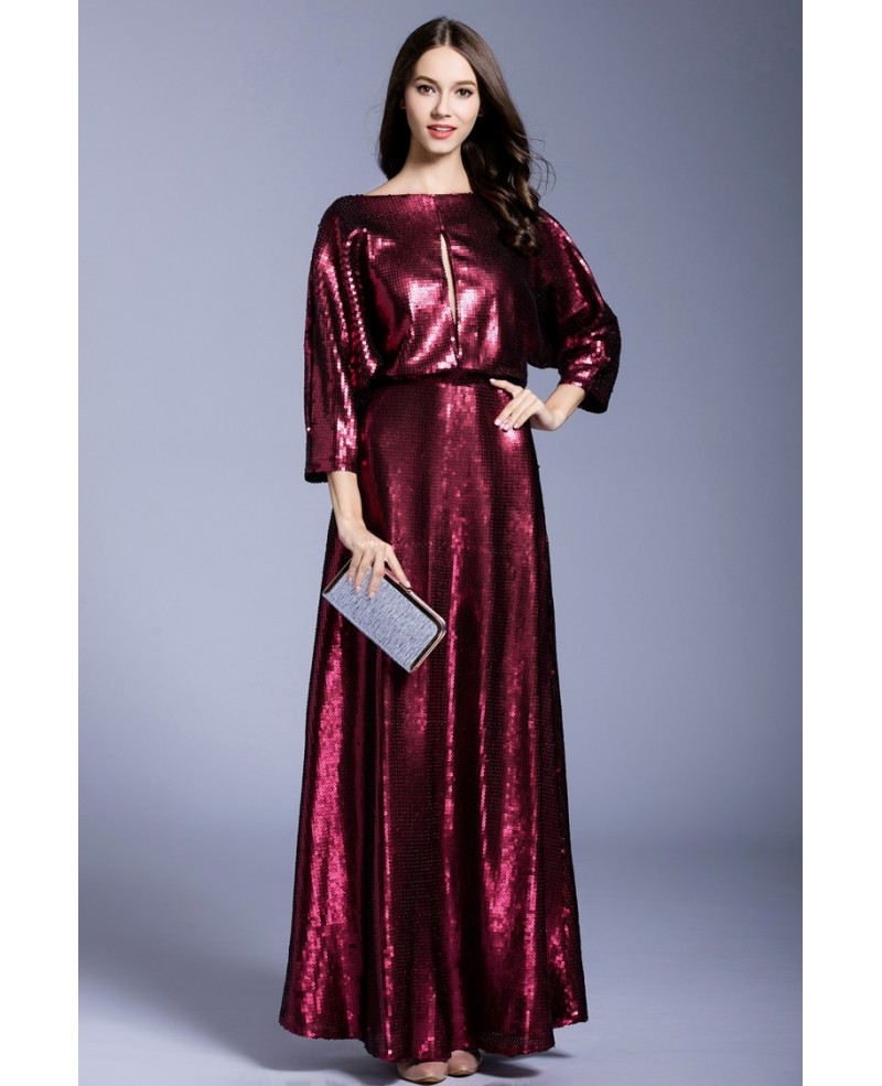 A-line Scoop Neck Sequined Floor-length Evening Dress