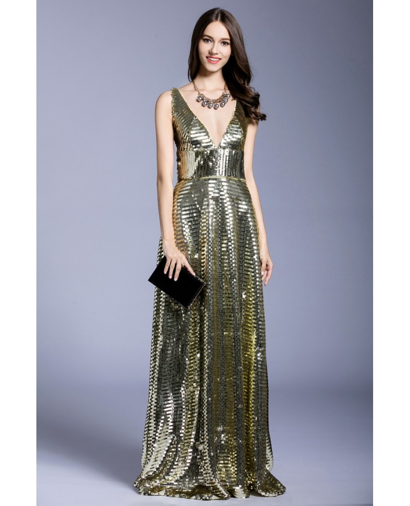 Gold A-line V-neck Sequined Floor-length Evening Dress