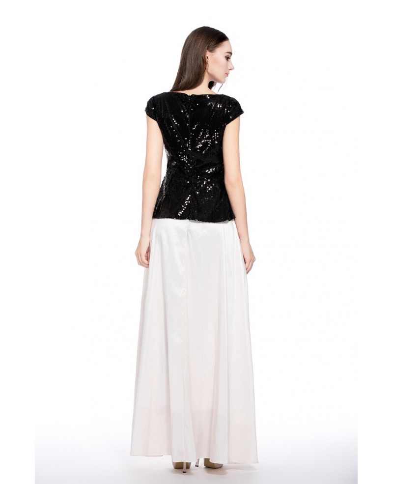 Black and White A-line Scoop Neck Floor-length Evening Dress With Sequins