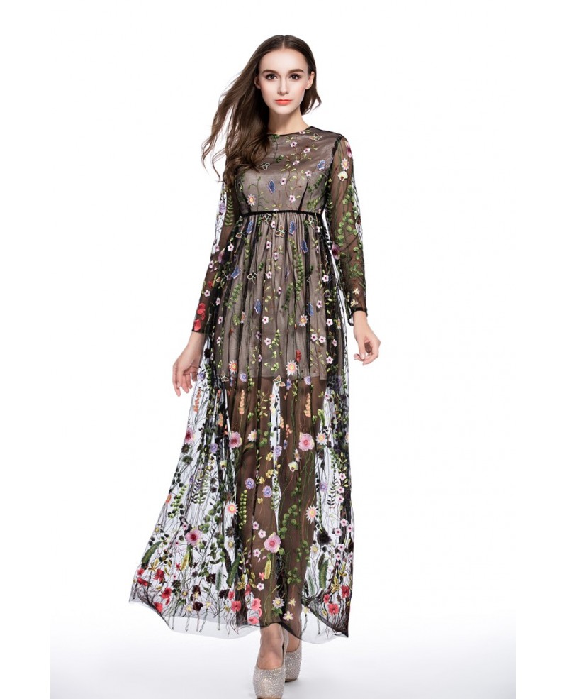 A-line Scoop Neck Embroidery Floor-length Formal Dress With Long Sleeves - Click Image to Close
