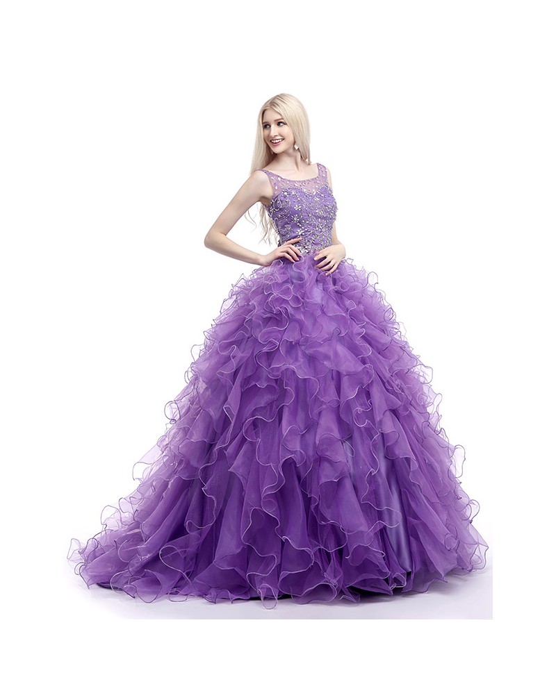 Ball-Gown Scoop Neck Sweep Train Tulle Prom Dress With Cascading Ruffles Beading