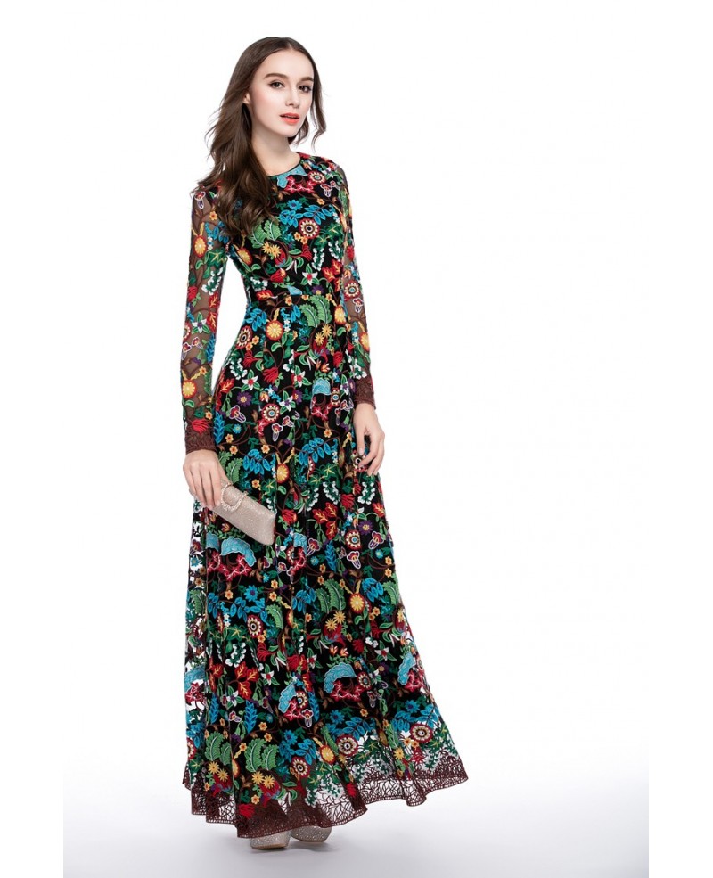 Colorful A-line Scoop Neck Floral Print Floor-length Formal Dress