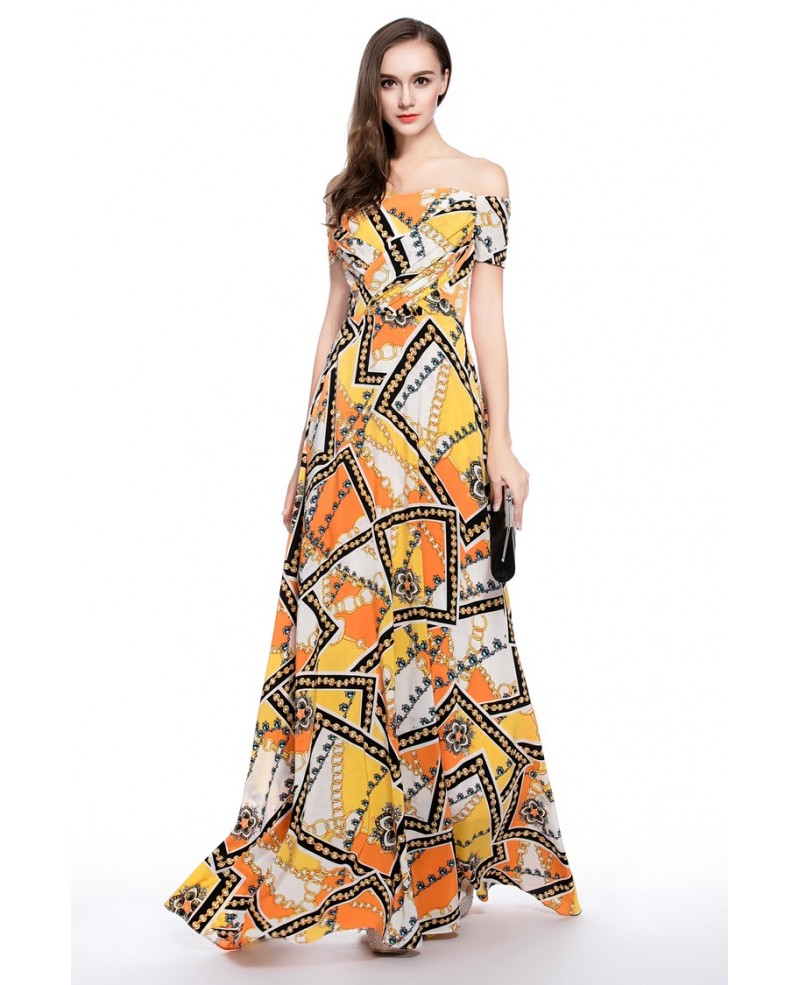 A-line Off-the-shoulder Floral Print Floor-length Formal Dress