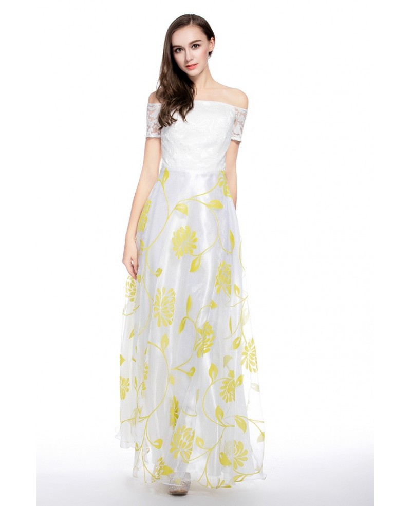 White and Yellow A-line Off-the-shoulder Floor-length Prom Dress With Lace