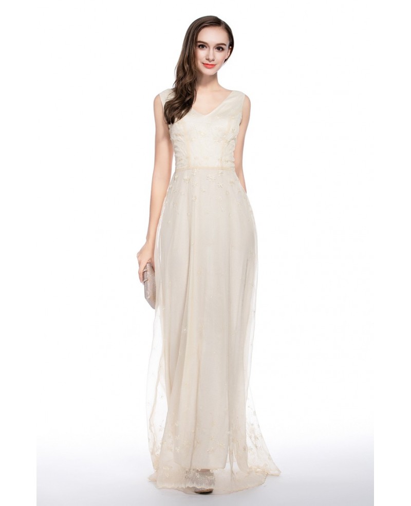Beige A-line V-neck Floor-length Evening Dress With Appliques Lace