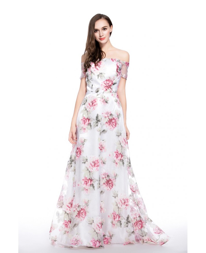 A-line Off-the-shoulder Floral Print Floor-length Formal Dress - Click Image to Close