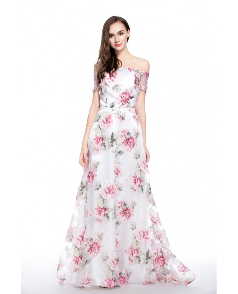 A-line Off-the-shoulder Floral Print Floor-length Formal Dress