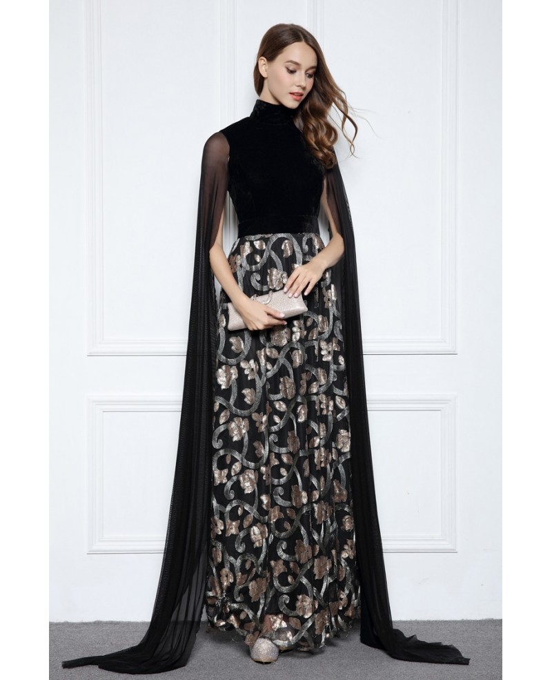 Black A-line High Neck Floor-length Evening Dress With Sequins