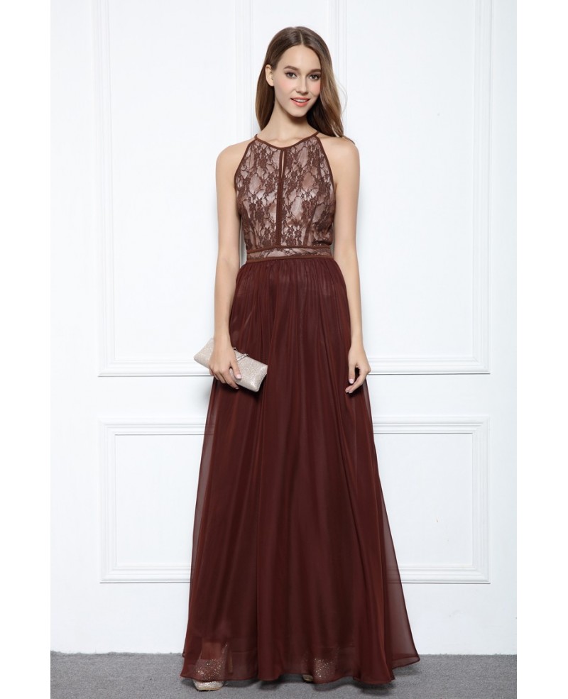 Brown A-line Halter Floor-length Evening Dress With Lace