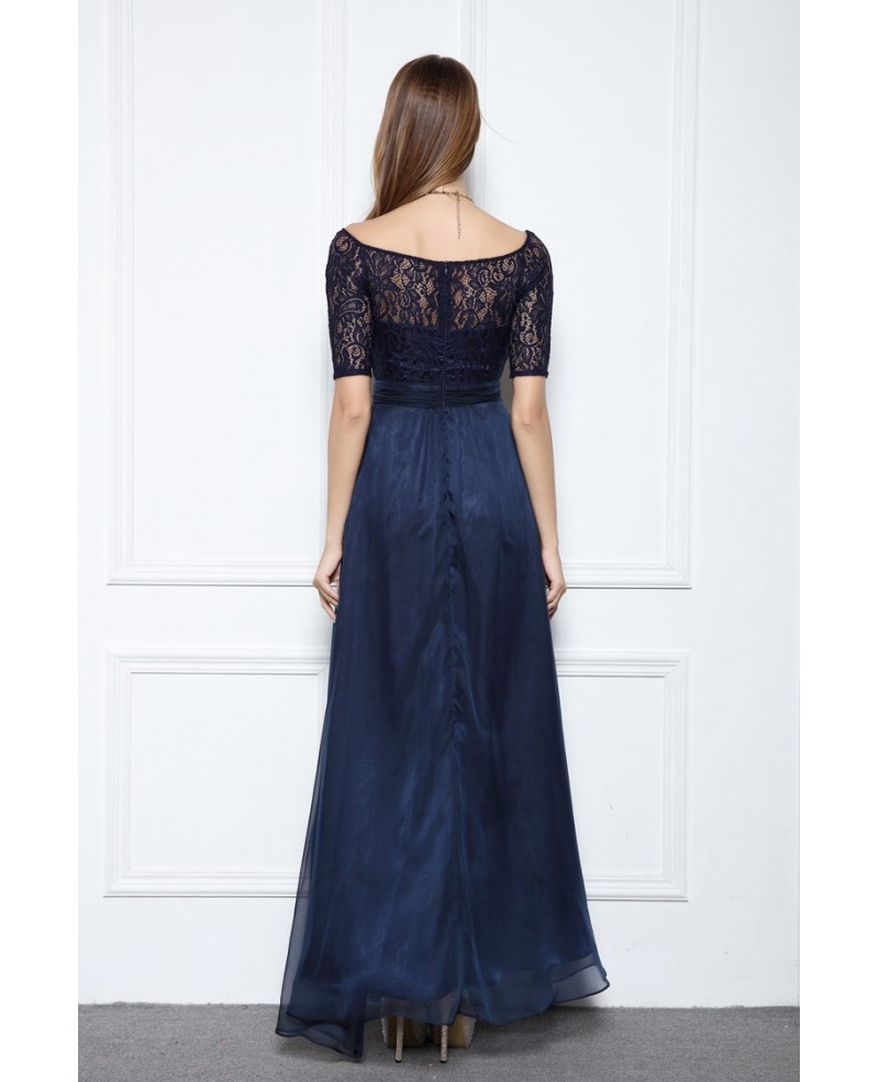 Blue A-line Off-the-shoulder Floor-length Formal Dress With Lace