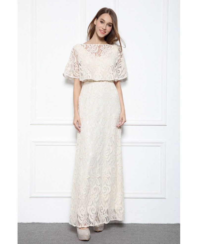 Beige A-line High Neck Floor-length Lace Formal Dress With Open Back
