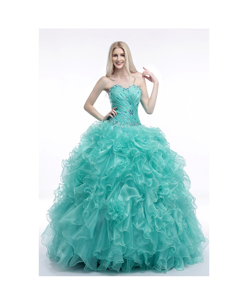 Ball-Gown Sweetheart Sweep Train Tulle Prom Dress With Cascading Ruffles Beading