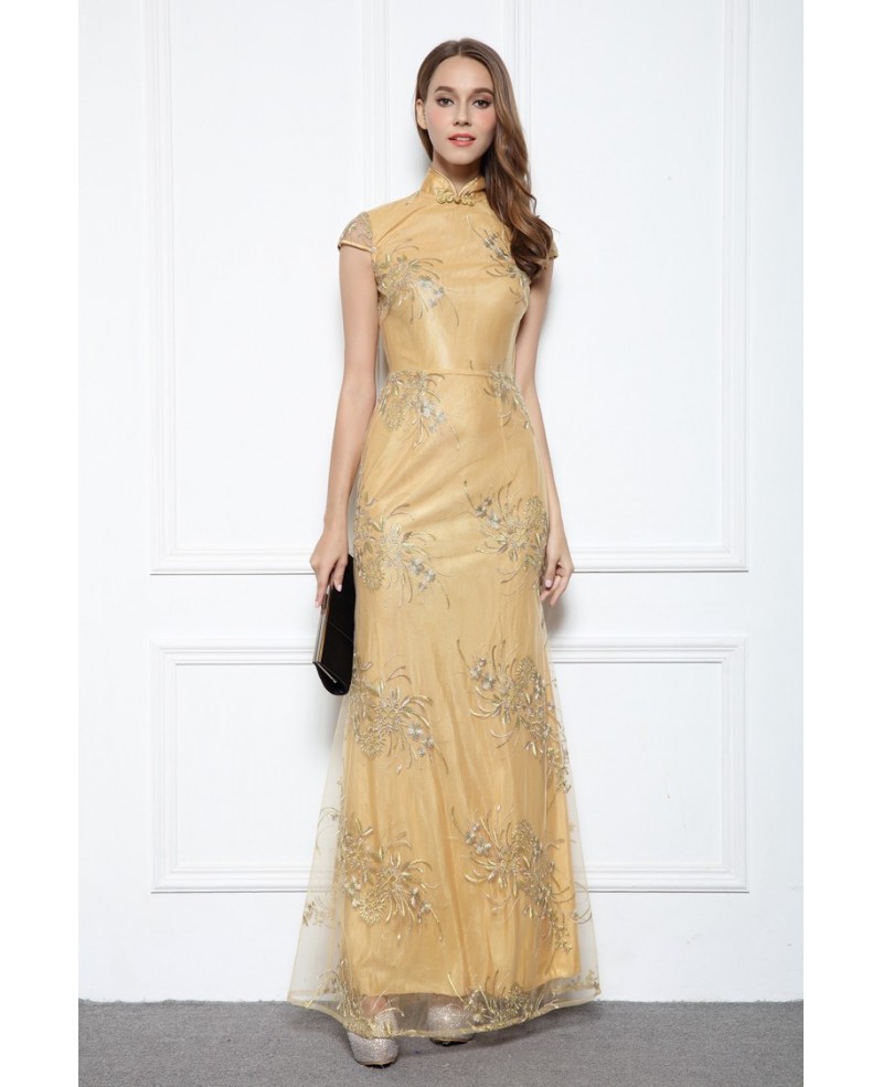 Gold A-line High Neck Embroidery Floor-length Evening Dress