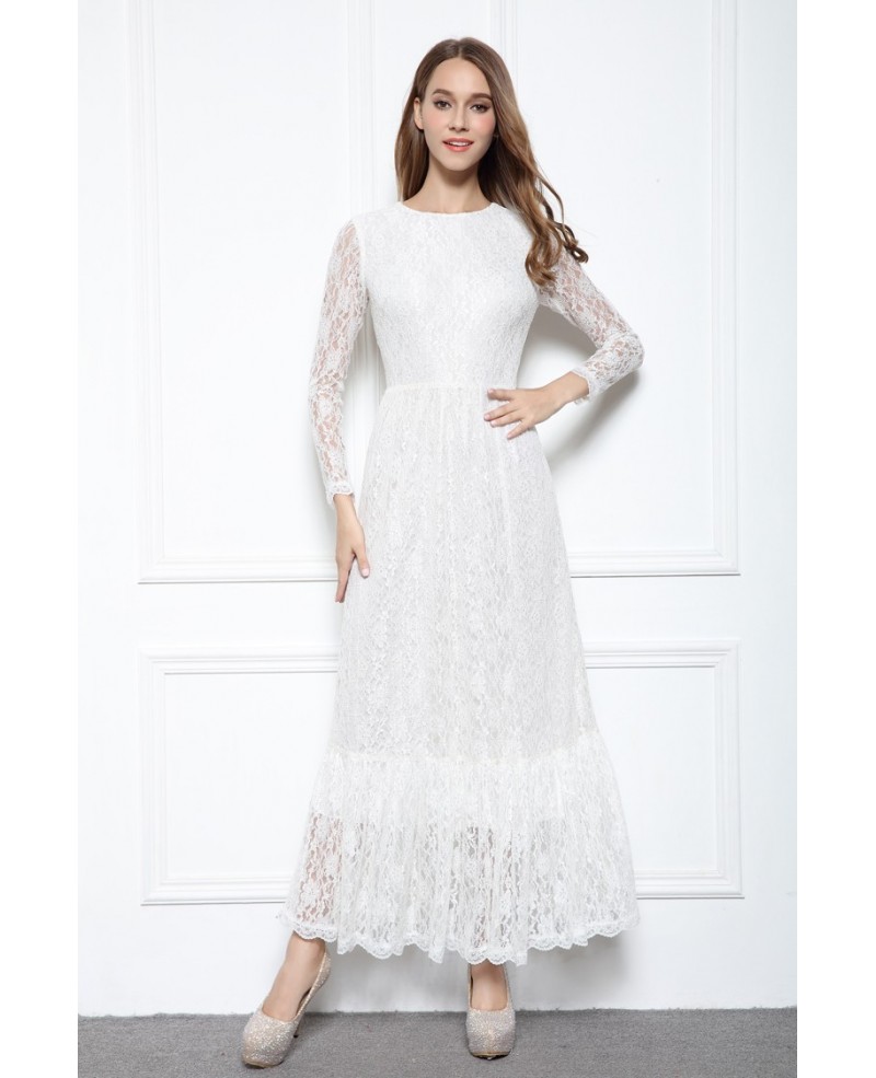 White A-line Scoop Neck Floor-length Lace Formal Dress With Sleeves - Click Image to Close