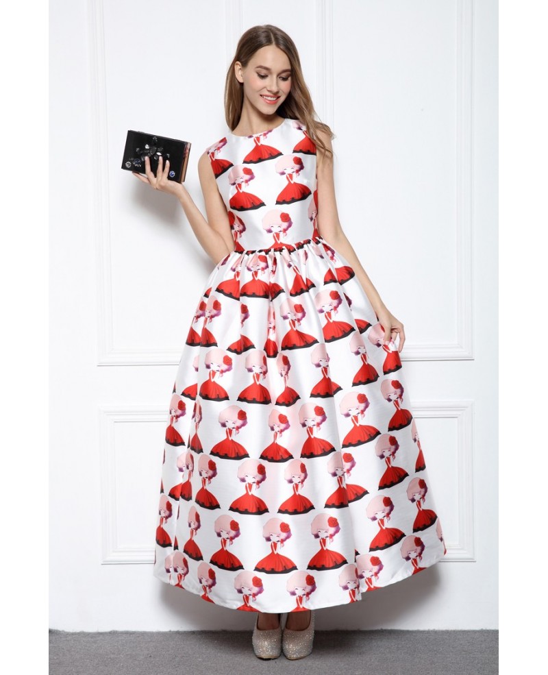 Ball-gown Scoop Neck Printed Ankle-length Formal Dress