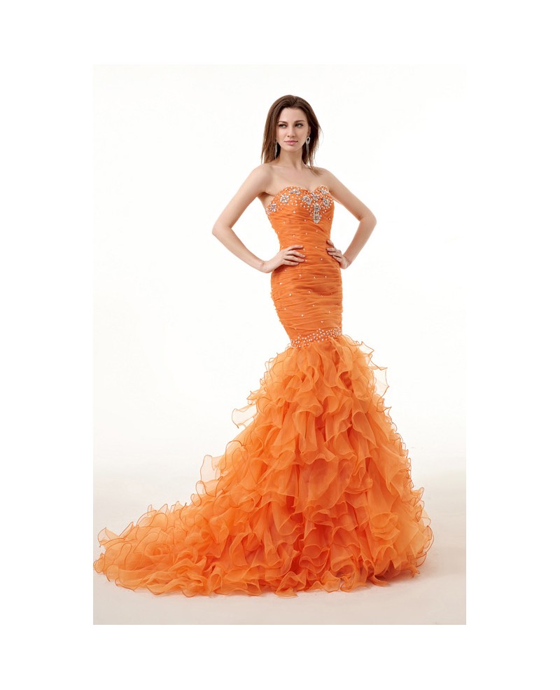 Mermaid Sweetheart Sweep Train Tulle Prom Dress With Cascading Ruffles Beading - Click Image to Close