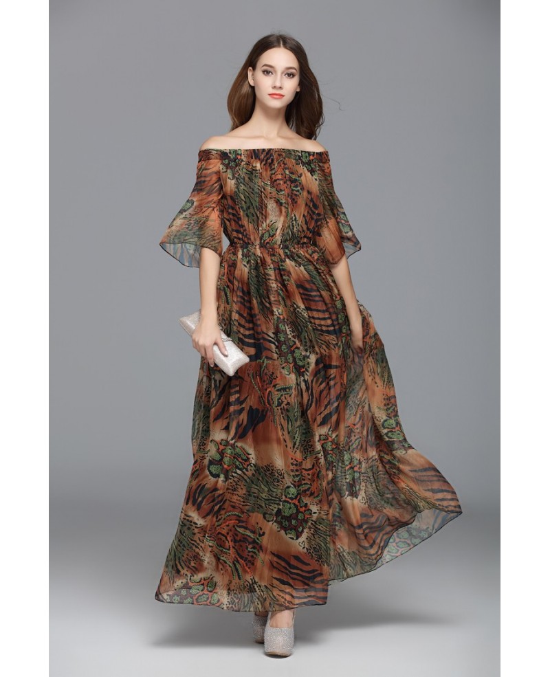 A-line Off-the-shoulder Printed Floor-length Evening Dress - Click Image to Close