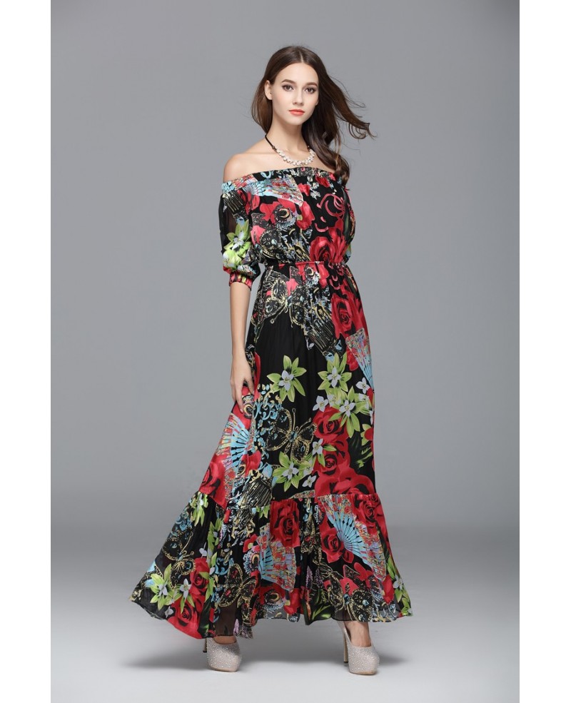 A-line Off-the-shoulder Printed Floor-length Evening Dress