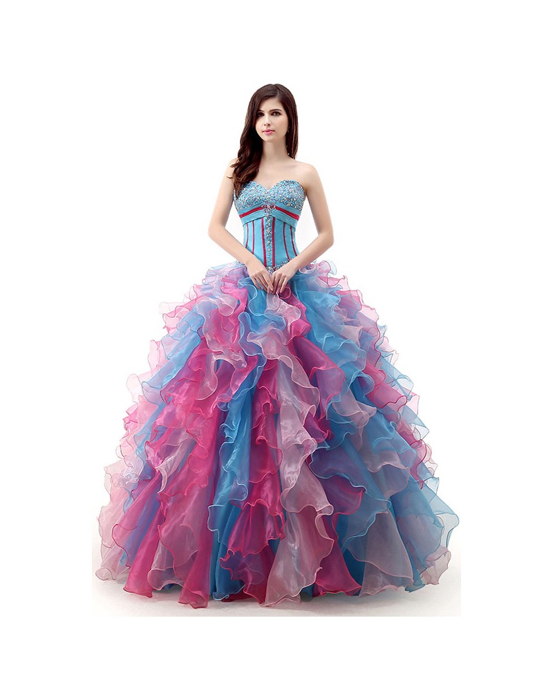 Ball-Gown Sweetheart Sweep Train Tulle Prom Dress With Cascading Ruffles Beading - Click Image to Close