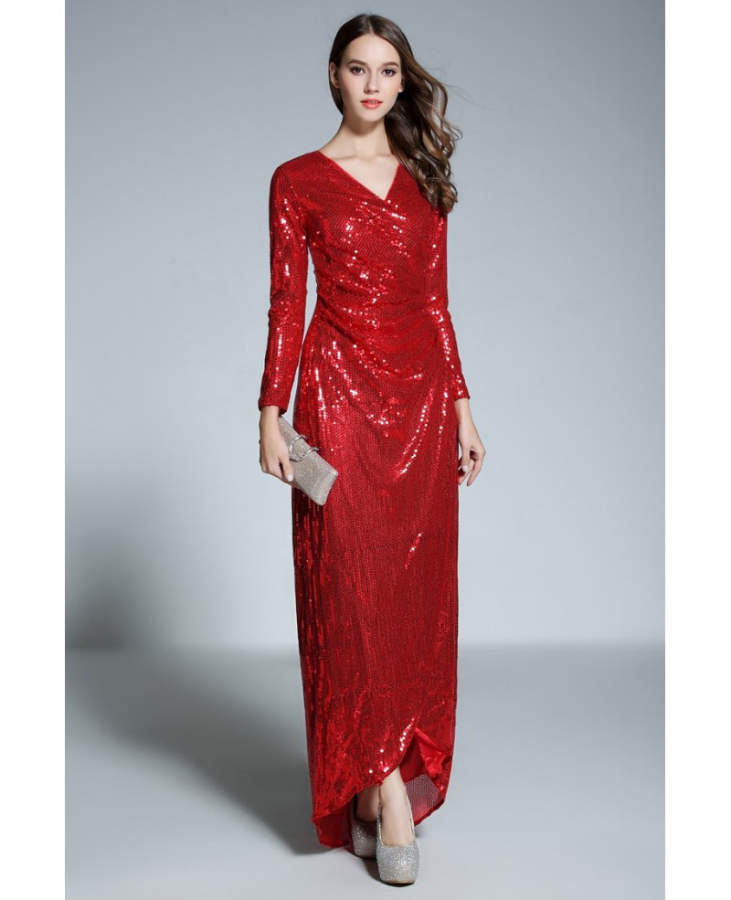 Red A-line V-neck Floor-length Sequined Evening Dress With Sleeves - Click Image to Close