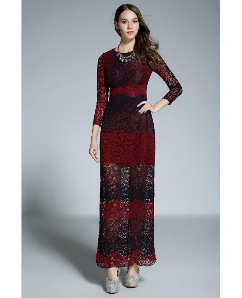 Black and Red A-line Scoop Neck Floor-length Lace Formal Dress With Sleeves - Click Image to Close