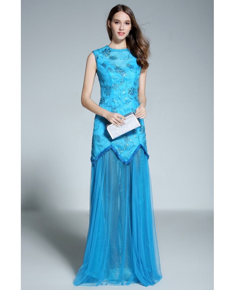 A-line Scoop Neck Floor-length Sleeveless Blue Evening Dress With Beading