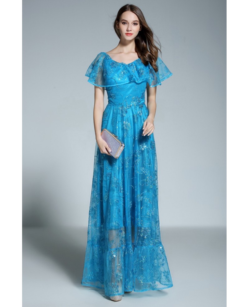 A-line Scoop Neck Floor-length Blue Evening Dress With Beading