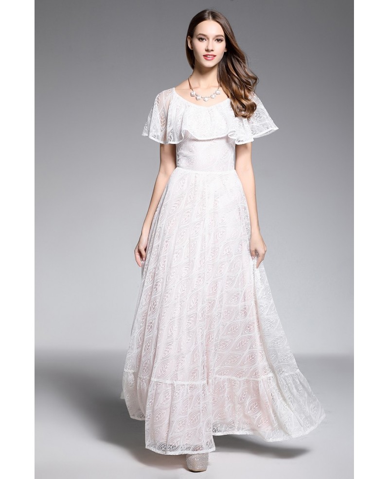 A-line Scoop Neck Floor-length Lace White Formal Dress With Flounce - Click Image to Close